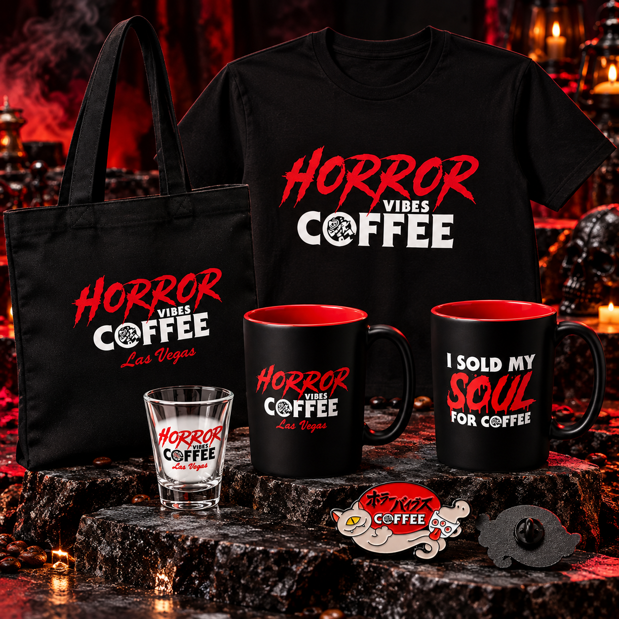 Horror Vibes Coffee branded shirts, mugs, and merchandise