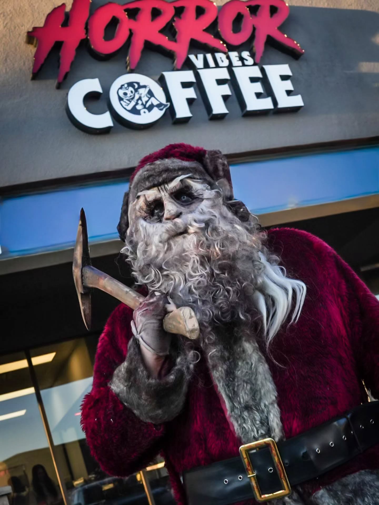A horror-inspired Santa character at Horror Vibes Coffee