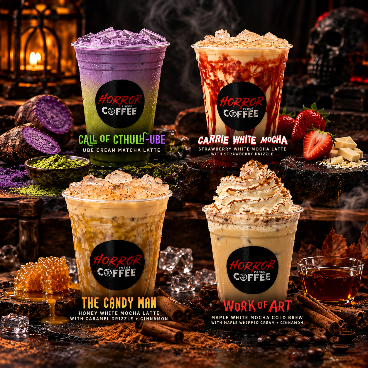 Four signature Horror Vibes Coffee drinks surrounded by coffee beans and horror-inspired decor